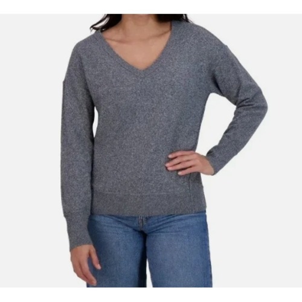 Lucky Brand V-Neck Sweater Gray L Womens Soft Knit Casual Pullover